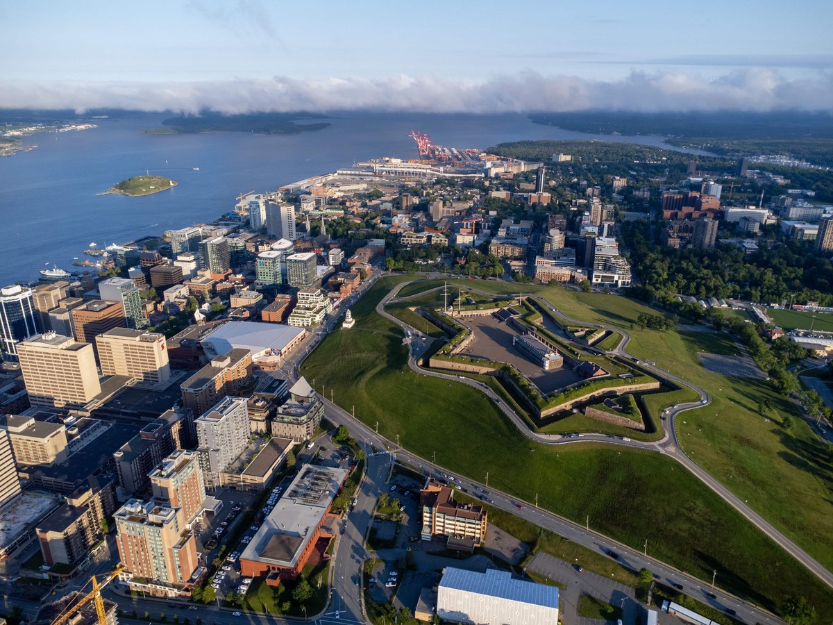 Aerial view of downtown Halifax, the harbour, and the Citadel